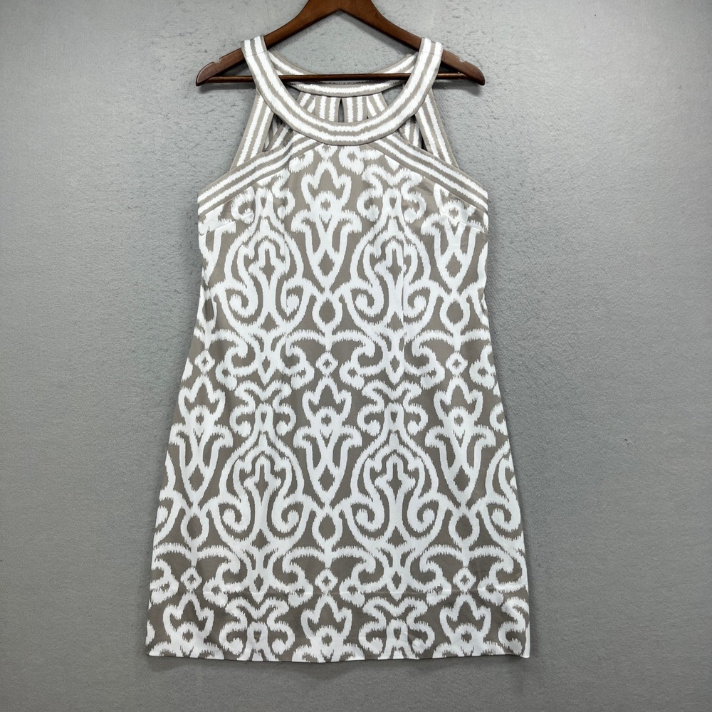 Gretchen Scott Shift Dress Womens XL Tan White Ikat Halter Neck Strappy Preppy